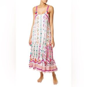 Juliet Dunn London Tribal Tassel Maxi Dress White Jade Embroidered Size 2 US 6/8